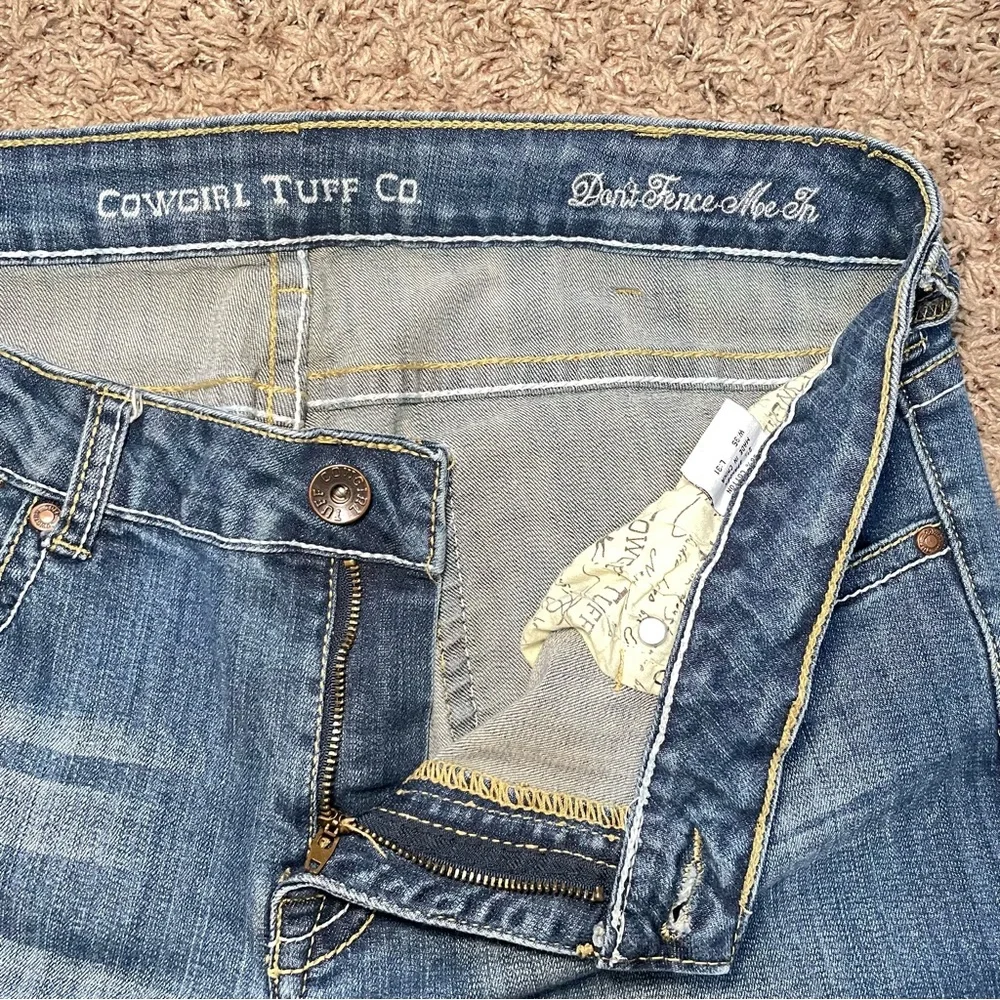 Womens Cowgirl Tuff Don't Fence Me‎ In Blue Denim Boot Jeans Size 35x31